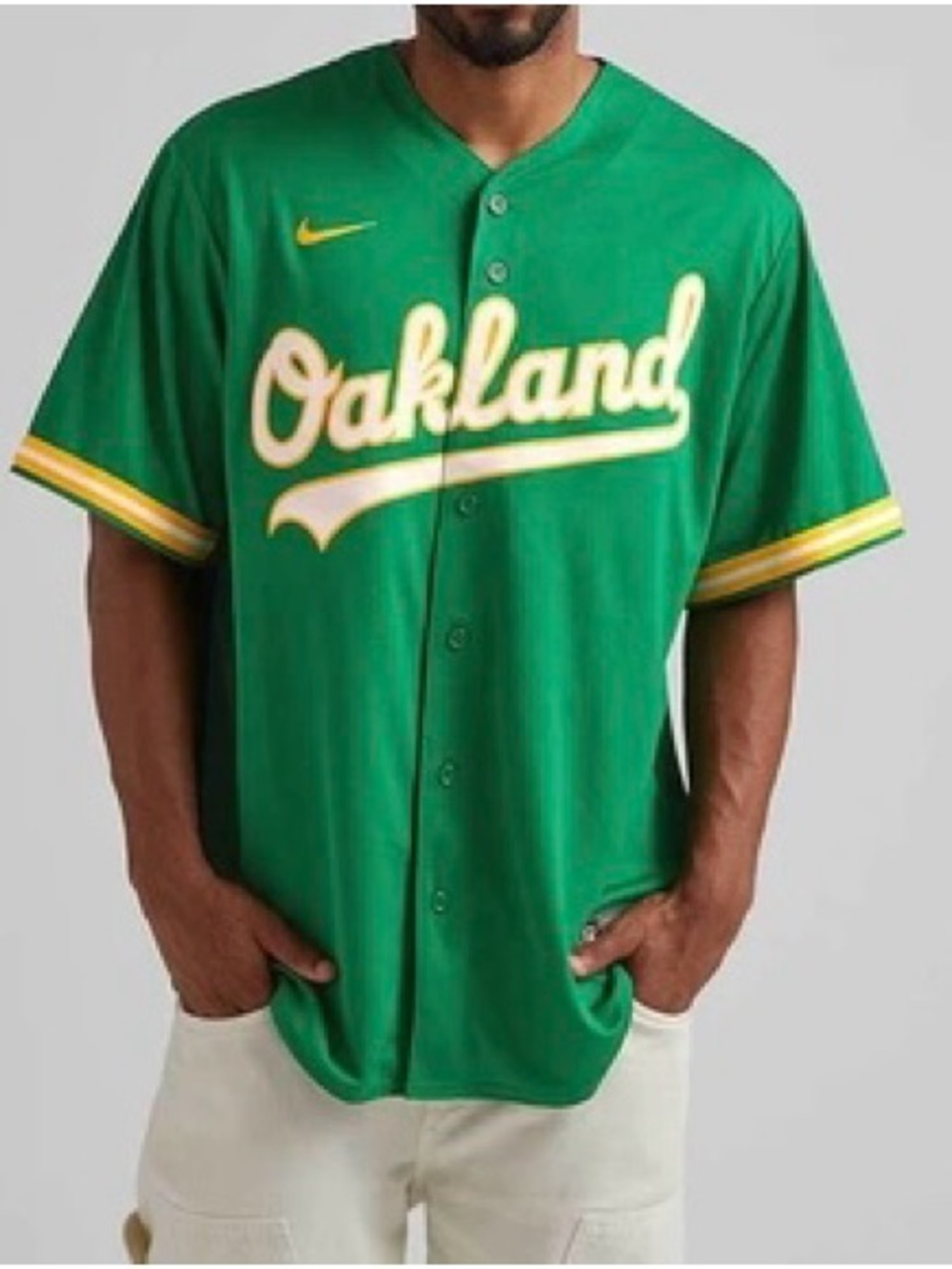 Nike Green Oakland Athletics Baseball Jersey with Yellow Trim Men Size